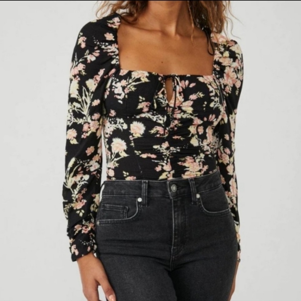 Free People Hilary Floral Smocked Long Sleeve Square Neck Top Black Size S NWT